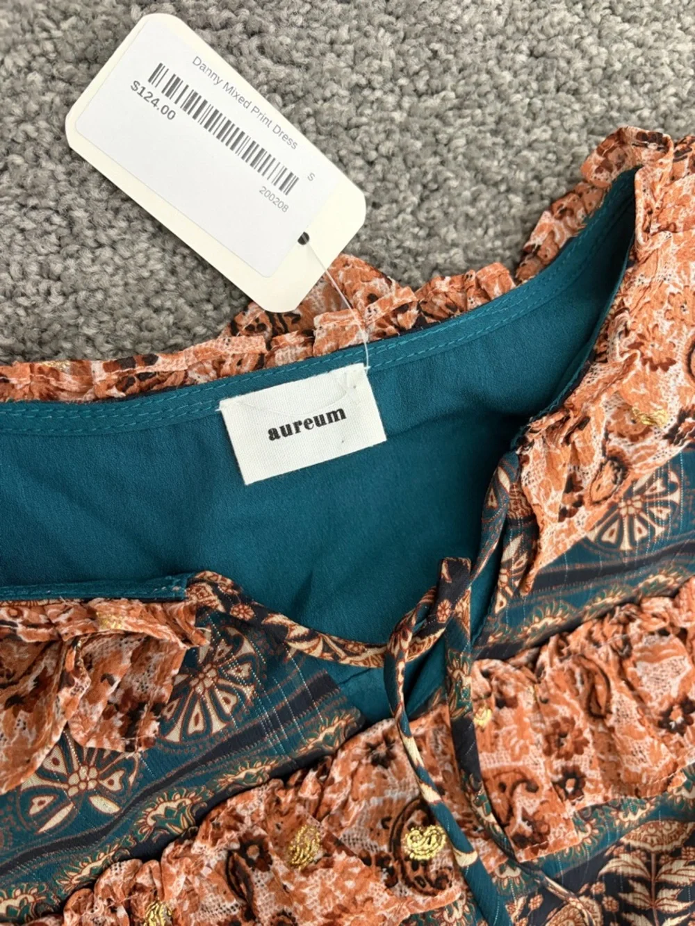 NWT AUREUM Teal and Peach Ruffled Long-Sleeve Tiered Mini Dress - Picture 5 of 9